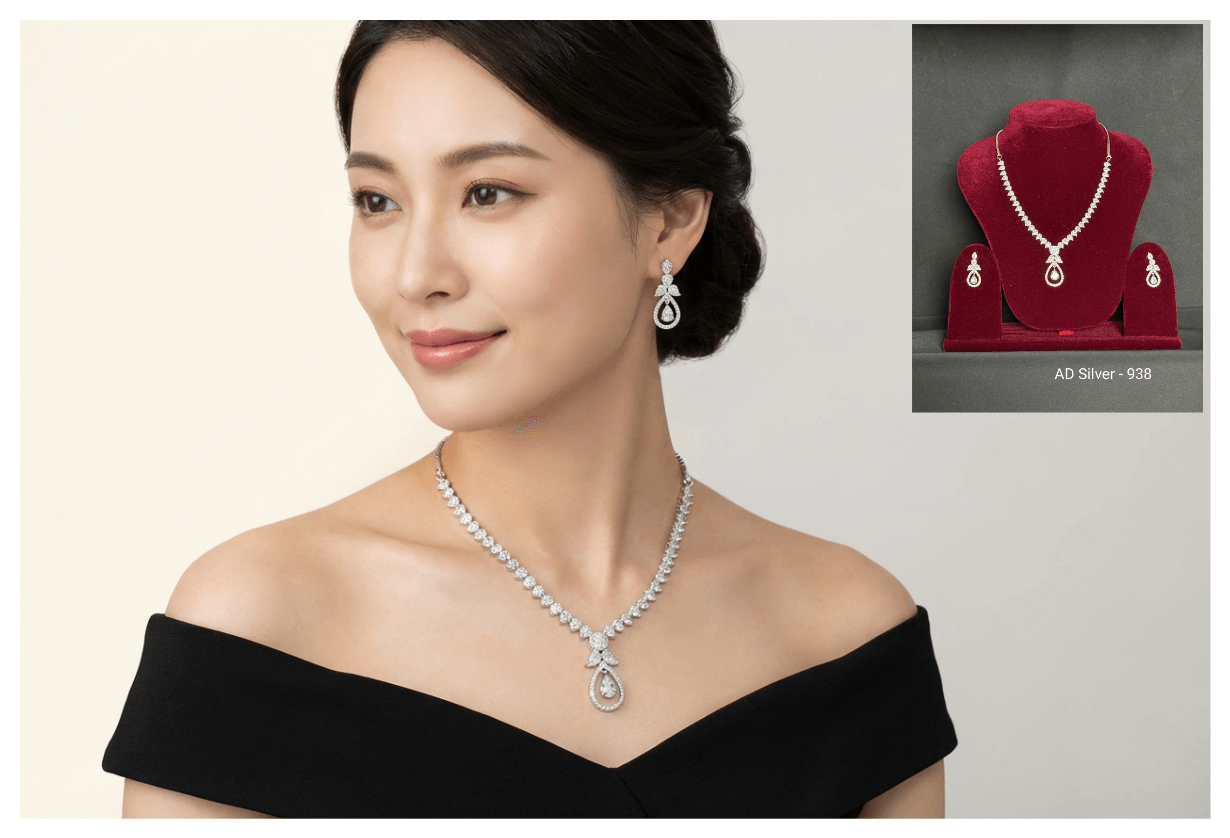 AI-generated necklace and earring try-on image next to the source product photo